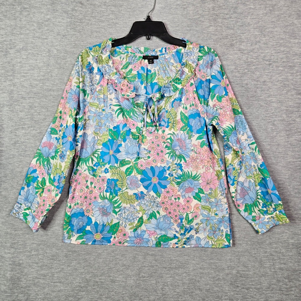 J.Crew Re-Imagined Floral Cotton Ruffle Tie Neck Blouse Blue Pink XS